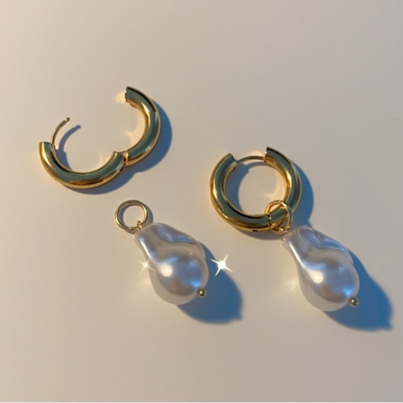 Keshi Big Baroque Pearl Chunky Hoop Earrings Stainless Steel - Picture 10 of 10